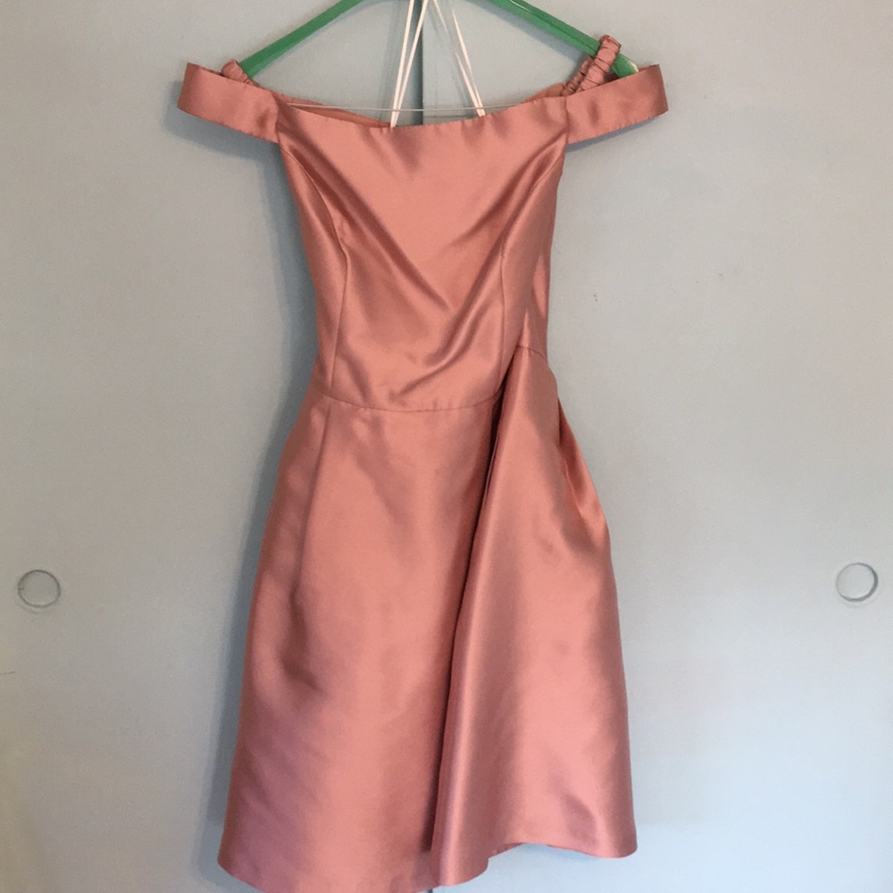 Off the shoulder dress. Scrunched straps. Blush